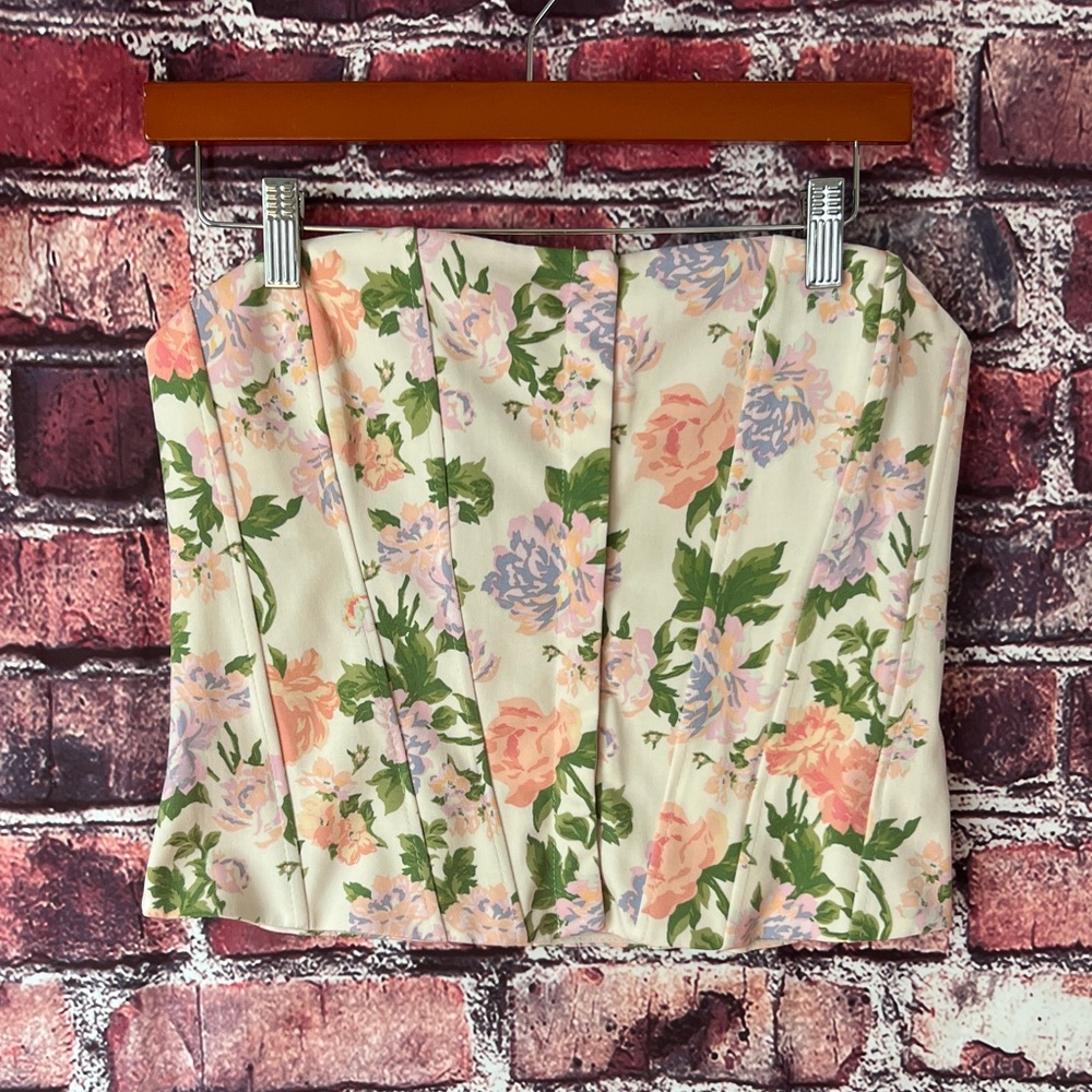 Zara Floral Crop Top - Cream with Pink and Green
